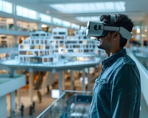 Architect Exploring Virtual Building Model with VR Glasses in Office