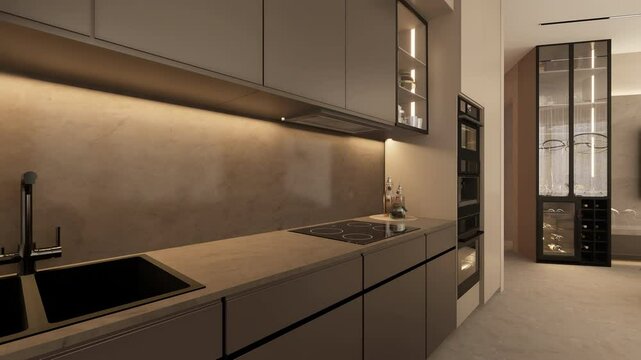 Luxury apartments living room, open space, kitchen-dining area, 3D animation.