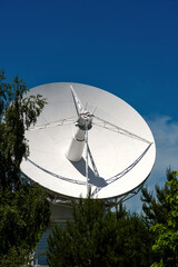 White radio telescope dish.