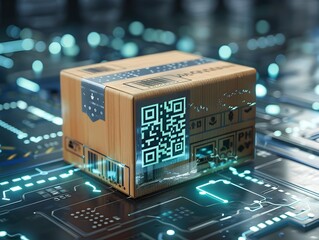 Digital Parcel Box with QR Codes and Augmented Reality Elements Representing Modern Technology Parcel Delivery Concept