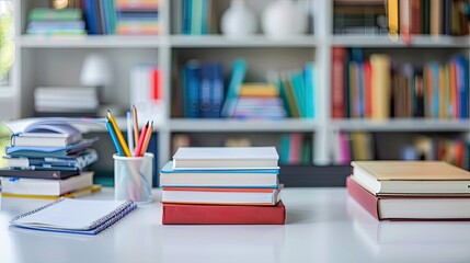 white table with books, stationery and copy space in blurred study room