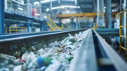 Obraz premium Industrial Recycling Facility With Conveyor Belt Processing Sorted Waste Materials for Sustainable