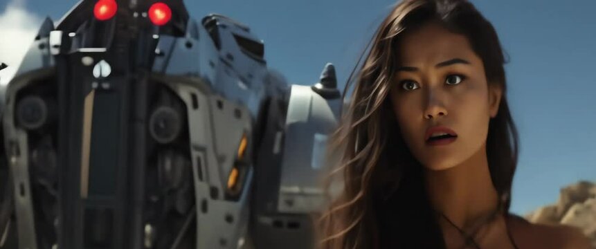 High quality anamorphic 4K AI-generated profile shot of young Asian woman with combat robot behind. Hyperrealistic scene with perfect golden hour lighting and mechanical details