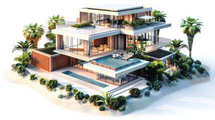 3d illustration of a minimalist hotel in axonometric projection, Toy style. on white background