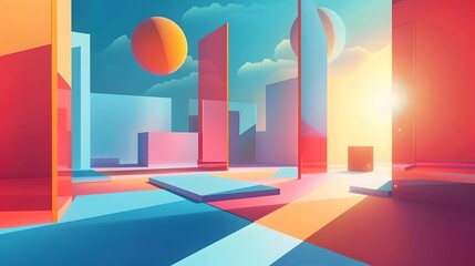 Vibrant Geometric Urban Landscape with Surreal Architectural Formations under Dramatic Sky