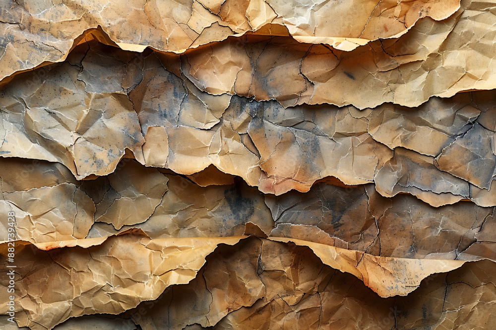 Poster an abstract composition of layered, crumpled paper in varying shades of brown, creating a visually e