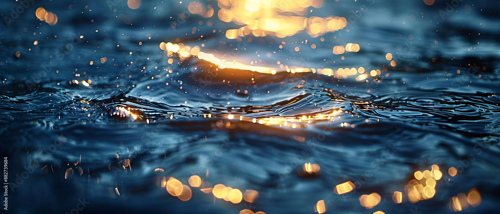 Poster close-up view of water surface with golden sunlight reflections, creating sparkling droplets and a d