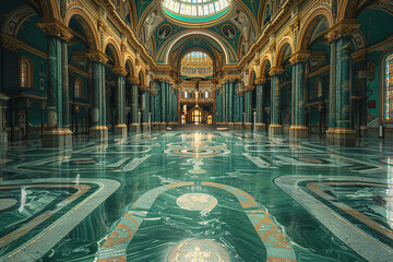 Obraz premium Grand interior of a basilica with intricate green marble flooring, arched columns, and a skylit dome, exuding opulence and grandeur
