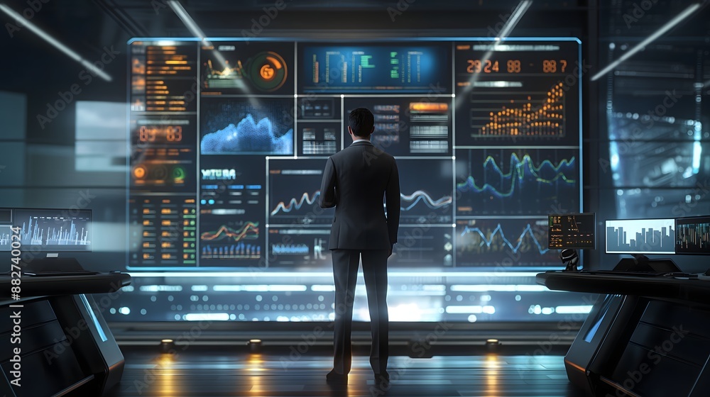 Poster a futuristic trading hub with an expansive digital dashboard displaying real-time financial metrics 