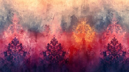 Intricate ikat designs in watercolor, showcasing delicate patterns and vibrant colors on a soft, textured background