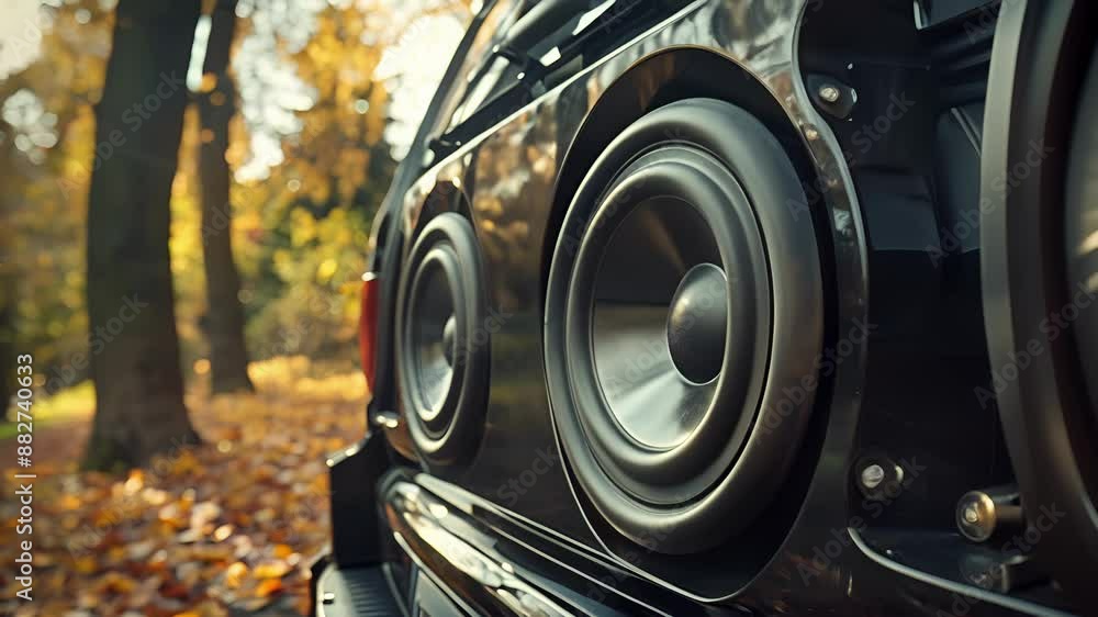 Poster From a side angle two large speakers are mounted on either side of the car trunk creating a powerful sound system for an ultimate listening experience.