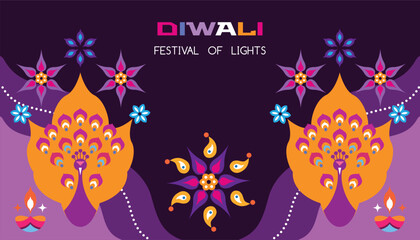  Traditional Indian festival Diwali. Happy Festival of lights Deepavali Template banner, poster, greeting card Festive Burning diya graphic design background Vector abstract flat illustration