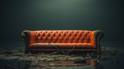 Symbolic floating couch in flooded room emphasizes water damage impact and urgency for restoration