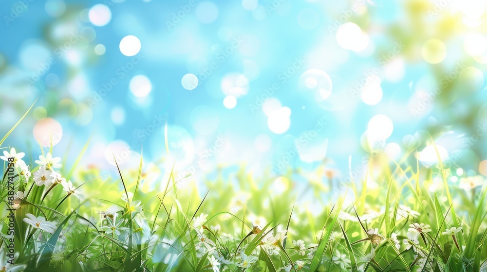 Aufkleber beautiful sunny spring meadow with green grass and blue sky. abstract background with light bokeh an