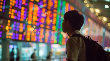 people at the airport, a passenger looking at the departures board at the airport. 