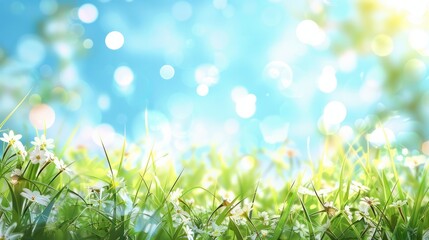 Beautiful sunny spring meadow with green grass and blue sky. Abstract background with light bokeh and space for text.