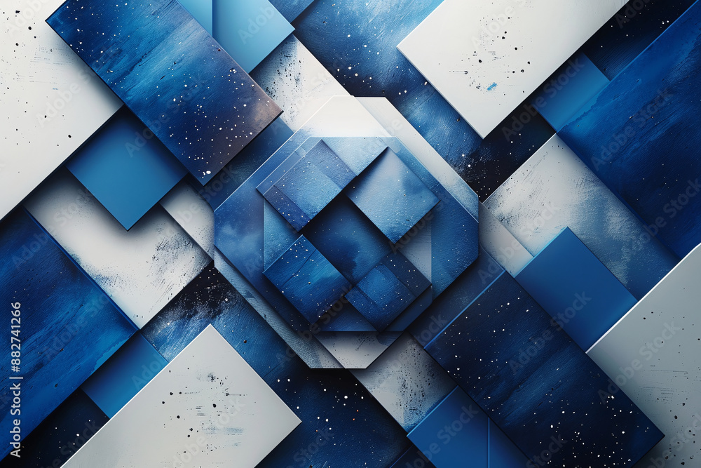 Poster a striking abstract graphic featuring interlocking blue and white geometric shapes, creating a sense