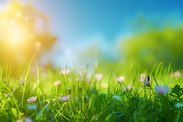 Obraz premium sunny spring meadow blur background blue sky to green grass gradient