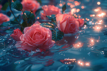 Pink roses floating in blue water, illuminated by soft light, with water droplets and bokeh creating a magical, dreamy atmosphere