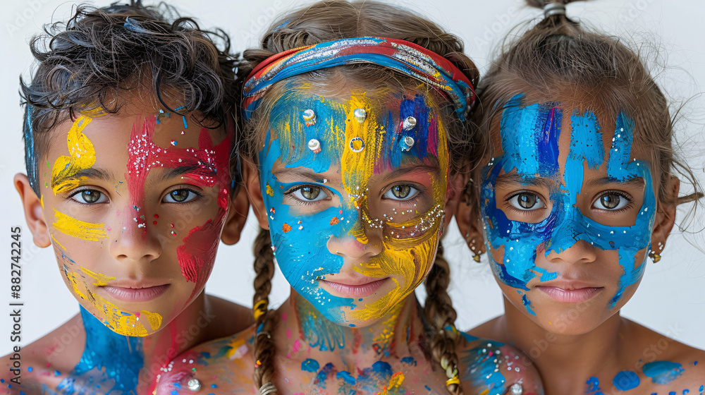 Poster three children with their faces vividly painted in bright colors and patterns, staring directly at t