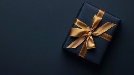 Dark blue gift box with gold satin ribbon on dark background. Top view of birthday gift with copy space for holiday or Christmas present