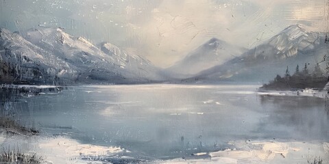 impressionist landscape oil painting in a farmhouse rustic aesthetic of a frozen lake surrounded by snow-capped mountains in muted colors, canvas texture, antique oil painting