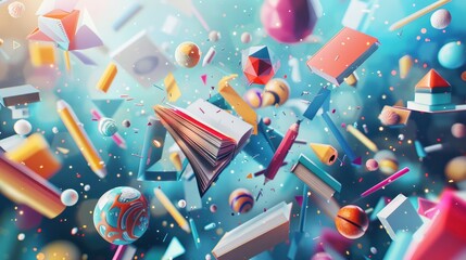 dynamic back to school background with a burst of colorful geometric shapes and symbols representing different academic subjects. Generative Ai