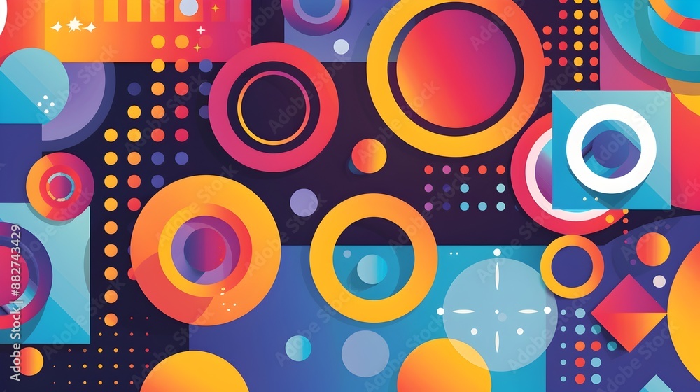Poster vibrant abstract geometric composition with circular and squared shapes