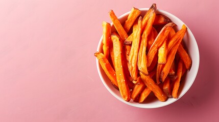 Sweet Potato Fries in a White Bowl on Pink Background.