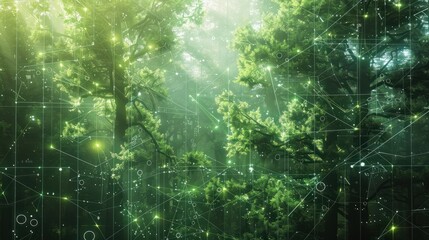 Obraz premium Futuristic digital forest concept with green technology and ecology network. Background for technological processes, science, presentations, education, etc
