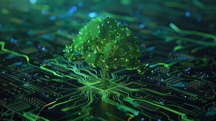 Green technology concept of digital environment in futuristic polygonal style. Glowing neon tree on the background of circuit board.