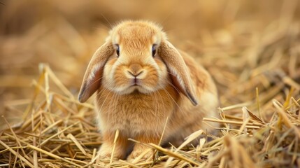 Cute Lop Eared Rabbit on Straw