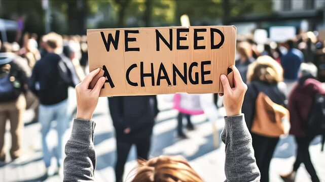 Rear view of people with placards and posters on global strike for climate change