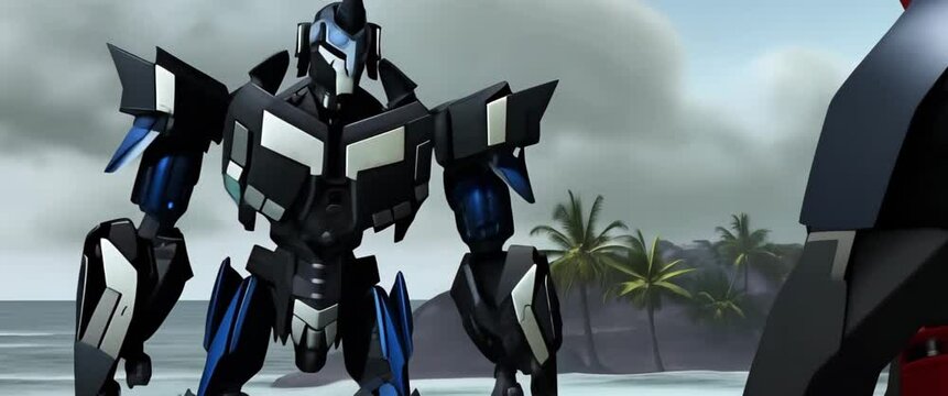 High quality anamorphic 4K AI-generated shot of massive transforming robot with blue accents standing in tropical location. Hyperrealistic CGI with perfect mechanical details and lighting.