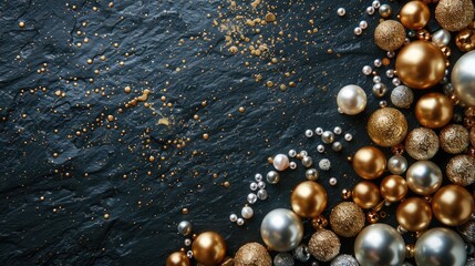 Dark table with gold silver and pearl beads on dark background