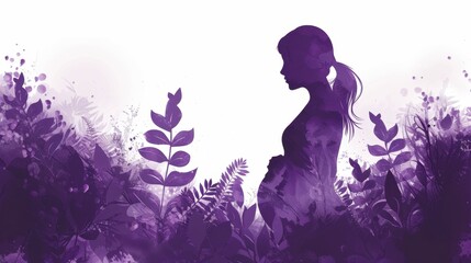 Obraz premium Pregnant woman over a purple tone with plants on a white background, blending calmness and growth.