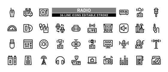 36 Radio Line Icons Set Pack Editable Stroke Vector Illustration.
