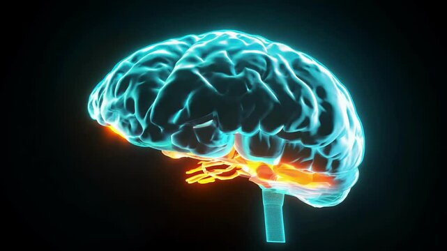 Holographic human brain isolated on black background. Medicine and technology concept. Ai-generated.