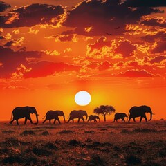 Fototapeta premium Elephant Herd Silhouette Against African Sunset