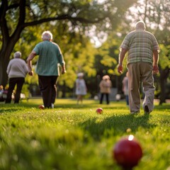 Senior Citizens Enjoying Bocce Ball in Sunny Park