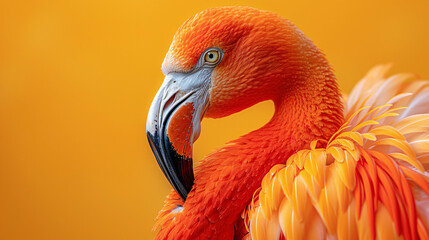 Fototapeta premium A close-up of a vibrant flamingo against a solid orange background, its feathers intricately detailed and eyes piercing