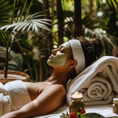 Woman Relaxing With Facial Mask at Tropical Spa