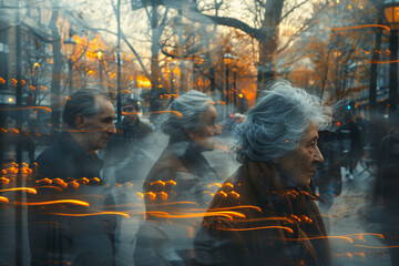 A group of elderly people walking through a city street at dusk, with light trails creating a dreamy, nostalgic atmosphere