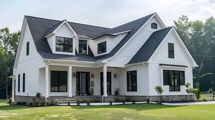 Brand New  White Contemporary Farmhouse With Dark Shingled Roof,modern farmhouse with lExterior of a beautiful house with green lawn and walkway  Genush greenery, blooming flowers sleek exterior