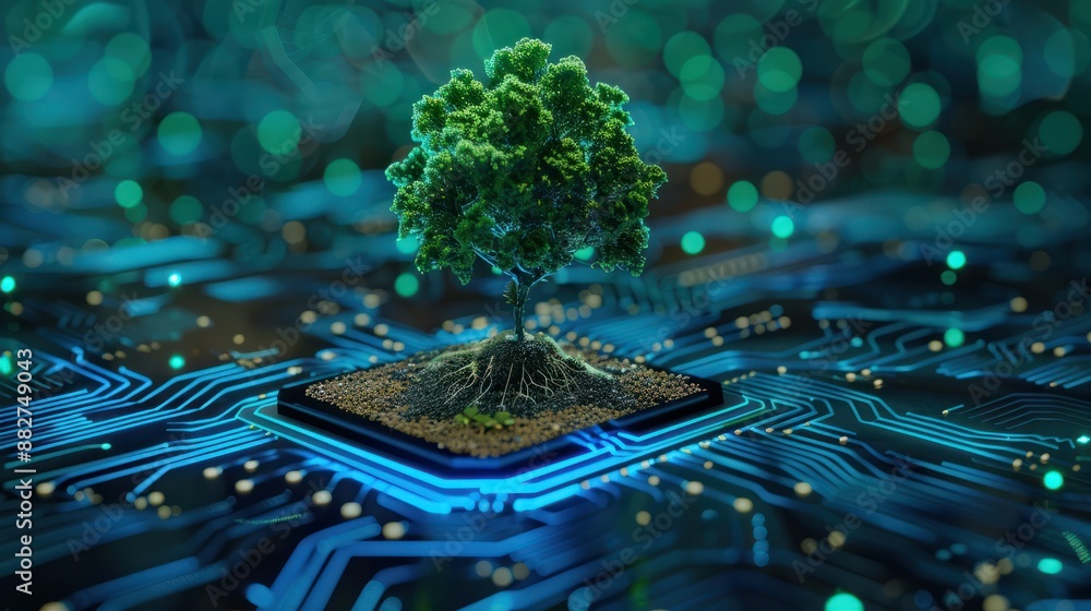 Poster tree with soil growing on the converging point of computer circuit board. blue light and wireframe n
