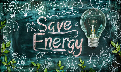 save energy wallpaper with chalk doodles on blackboard, global warming raising awareness