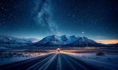empty road perspective in the mountains at night with stars and galaxy showing and snow landscape winter wallpaper 