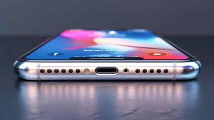 Close-up of a modern smartphone showcasing its sleek design, vibrant display, and charging port on a reflective surface.