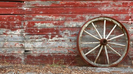 Obraz premium Vintage Rusty Wagon Wheel Leaning Against Weathered Barn Wall, Nostalgic Farm Scene