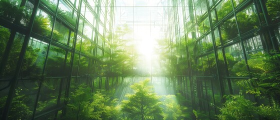 Lush greenery inside a modern greenhouse with sunlight streaming through, showcasing nature and sustainable plant cultivation environments.